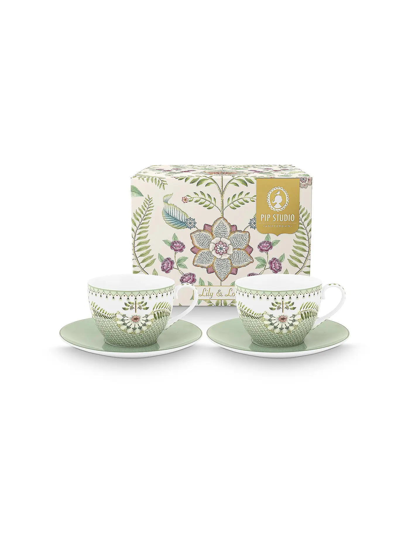 PIP STUDIO | Cappuccino Tassen mit Untertassen 2er Set  LILY & LOTUS 280ml Light Green | 